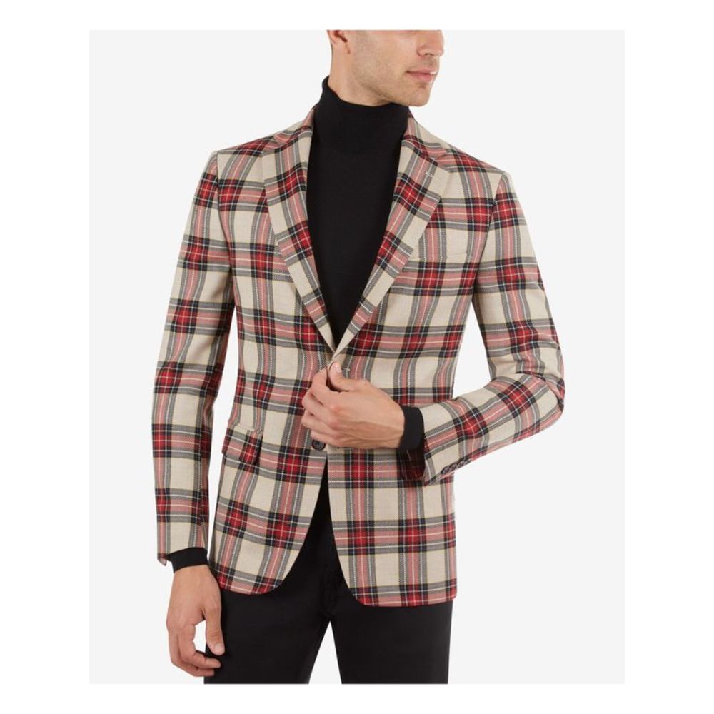 TALLIA ORANGE Mens Orange Label Red Plaid Slim Fit Wool Blend Sport Coat 40R